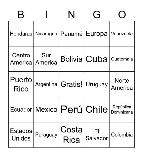 Spanish Speaking Countries Bingo Card