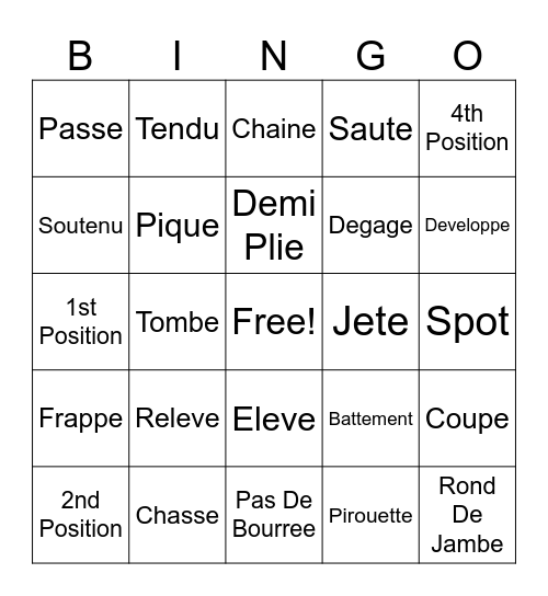 Ballet Bingo Card
