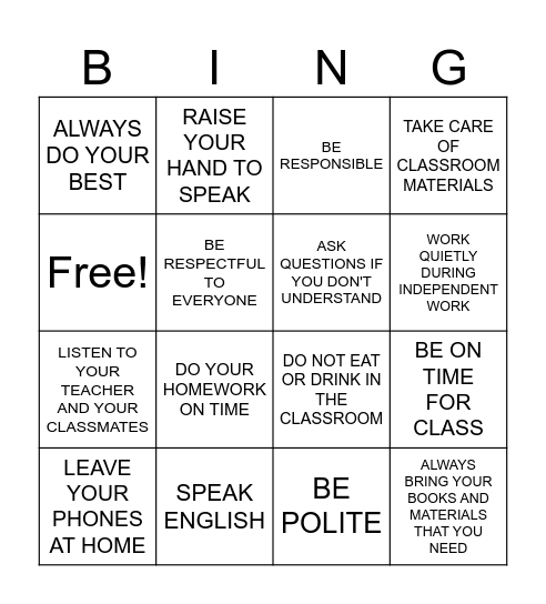 CLASSROOM RULES Bingo Card
