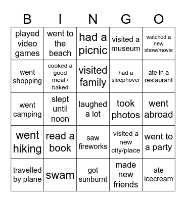 summer break Bingo Card