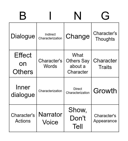 Characterization Bingo Card