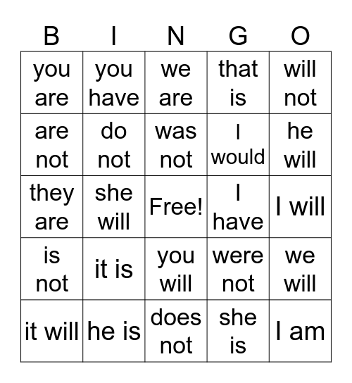 Contraction BINGO Card
