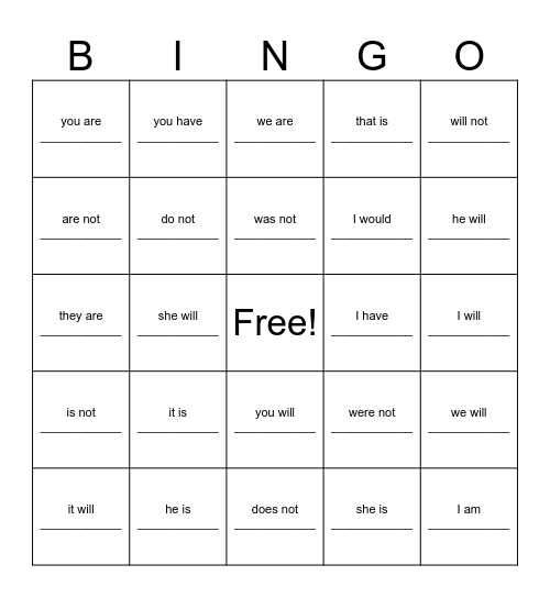 Contraction BINGO Card
