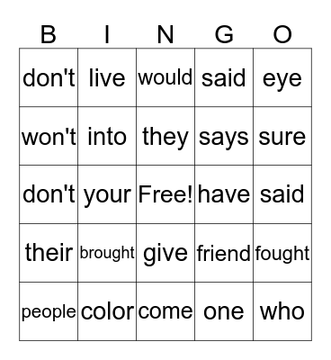 Lessons 56-59 Bingo Card