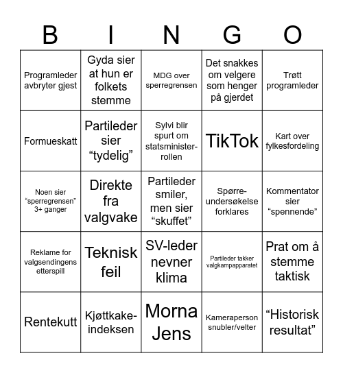Valg-spillkveld 2025 Bingo Card