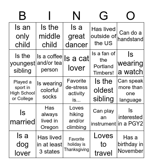 2016 City Wide Resident Networking Event Bingo Card