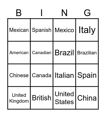 Countries and nationalities Bingo Card