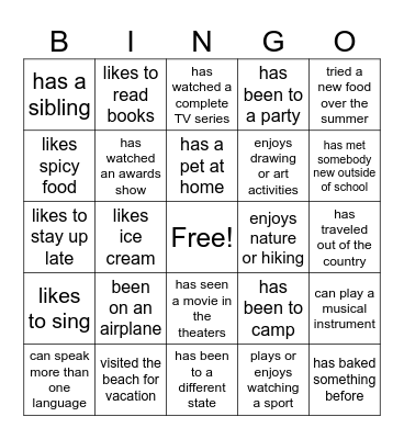 Back to School Bingo Card