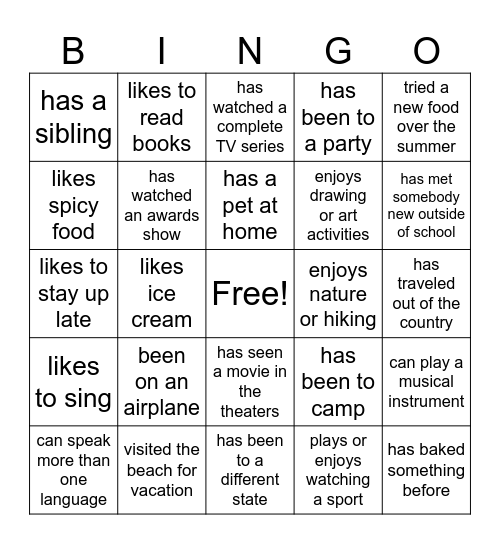 Back to School Bingo Card