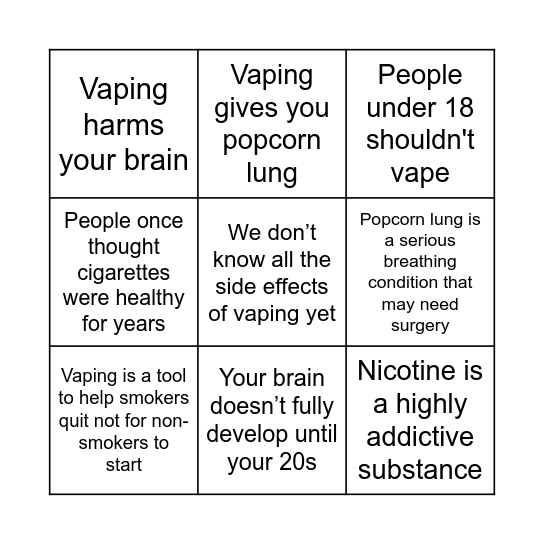 Vaping Awareness Bingo Card