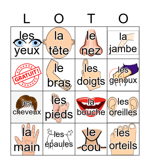 Les Parties du Corps WITH IMAGES Bingo Card