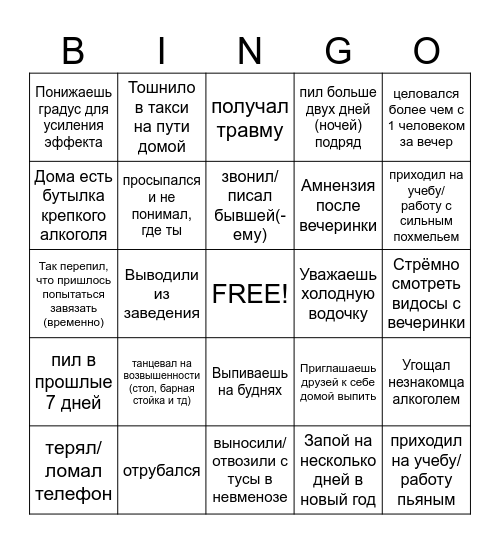 Алкоголизм Бинго Bingo Card