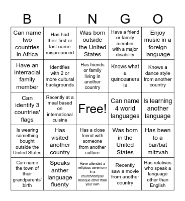 Cultural Bing Bingo Card