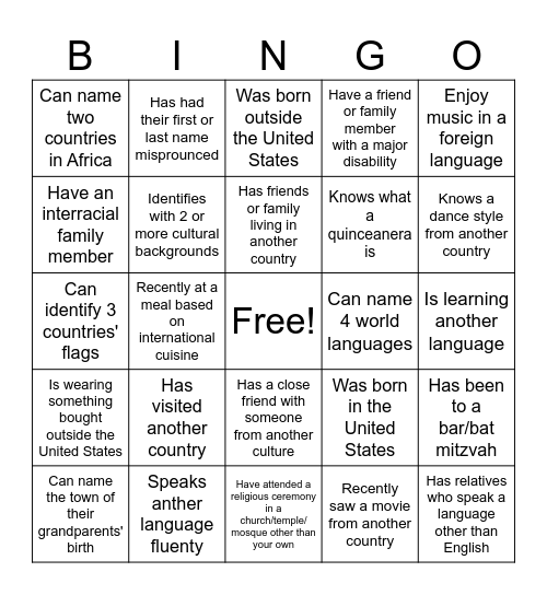 Cultural Bing Bingo Card