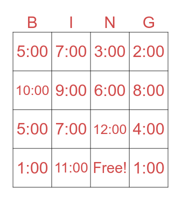 Time Bingo Card