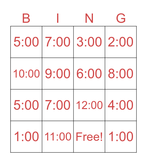 Time Bingo Card