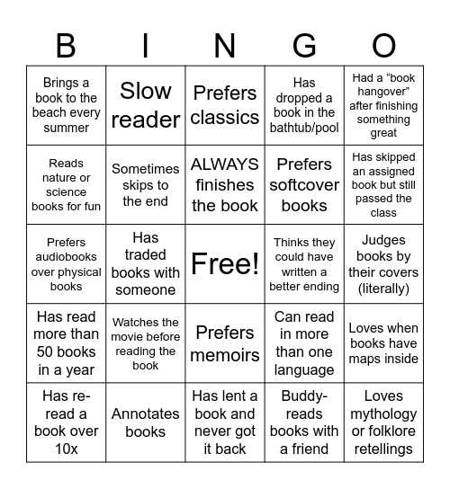 Reading Bingo Card