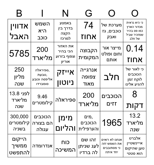 המפץ הגדול, מבנה הייקום והכוכבים Bingo Card