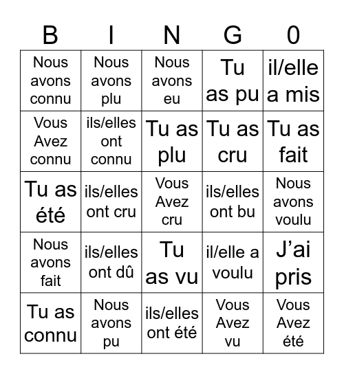 Les Verbes Irreguliers Bingo Card