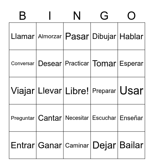 Los verbos -ar Bingo Card