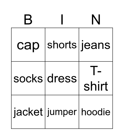 Clothes Bingo Card