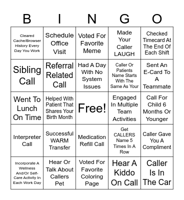 Pediatric Bingo Card
