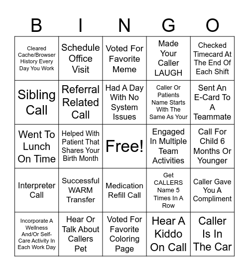 Pediatric Bingo Card