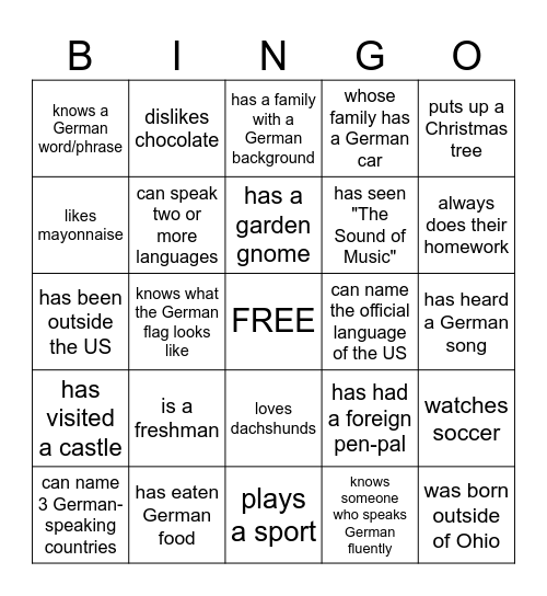 German Club 1st Meeting Bingo Card