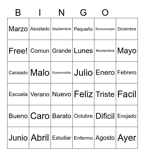 Spanish Bingo Card
