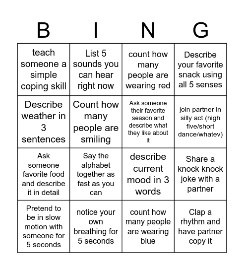 What skill Bingo Card