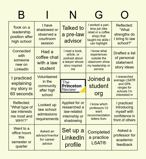 The Princeton Review Pre-Law BINGO Card