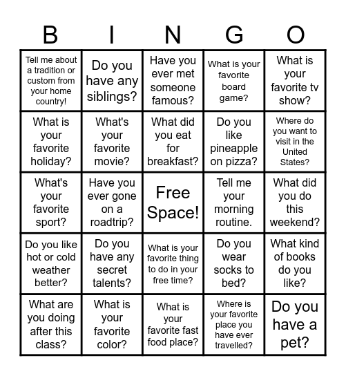 Conversation Questions Bingo Card