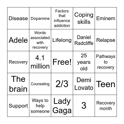 Recovery Month Bingo Card