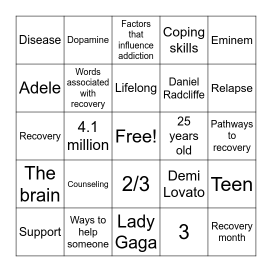 Recovery Month Bingo Card