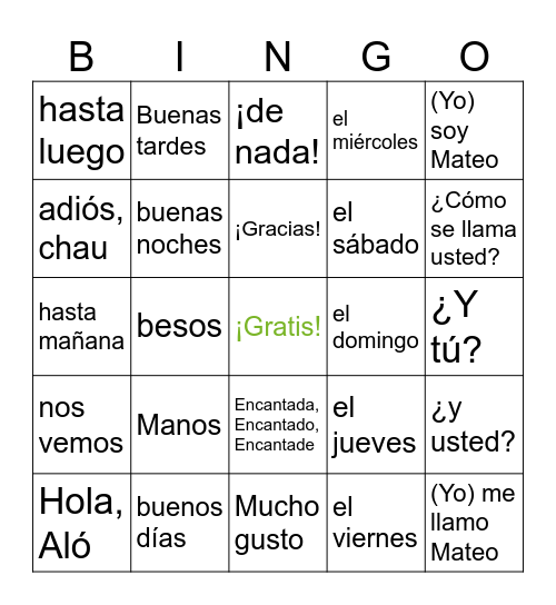 Saludos y Despedidas Bingo Card