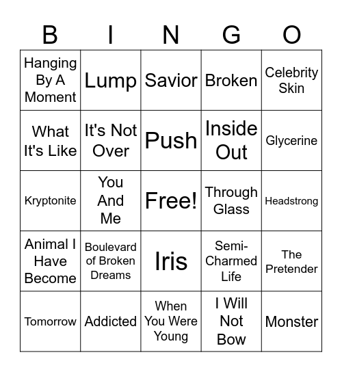 Alt Rock Bingo Card
