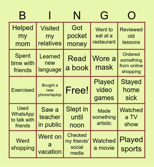 Welcome Back To School Bingo Card