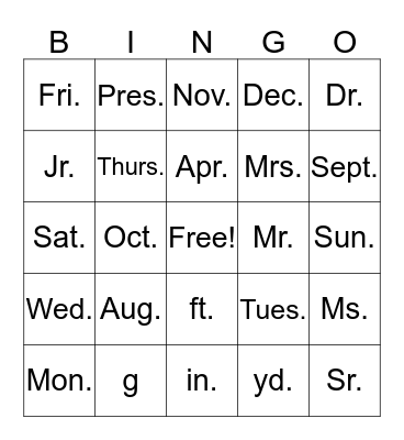 Abbreviations Bingo Card