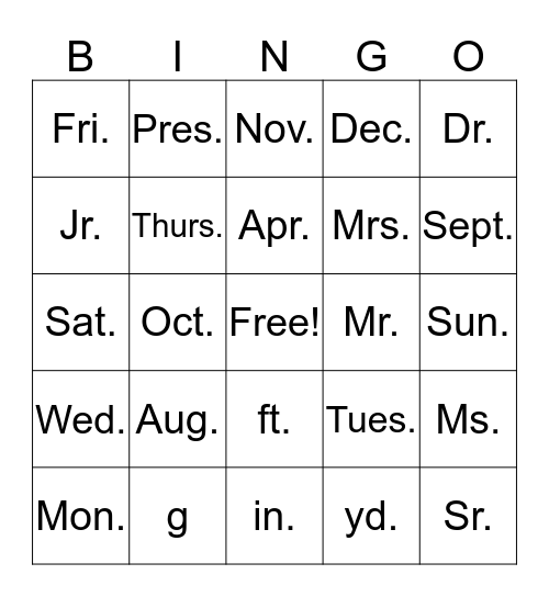 Abbreviations Bingo Card