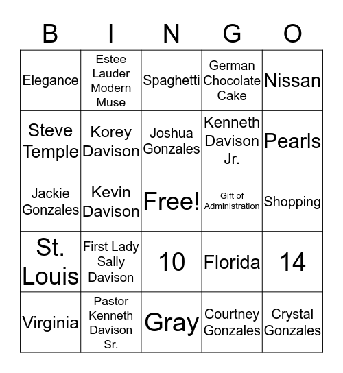 Sally Davidson's Birthday Party 2016 Bingo Card