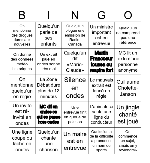 Toujours le matin Bingo Card