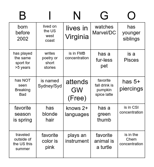 Get-to-Know You Bingo Card