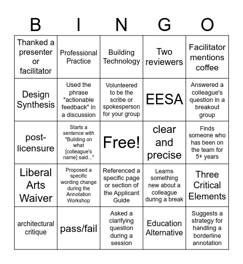 Portfolio Assessment Team BINGO Card