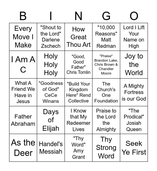 Worship Music Bingo Card