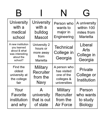 College Fair Bingo Card