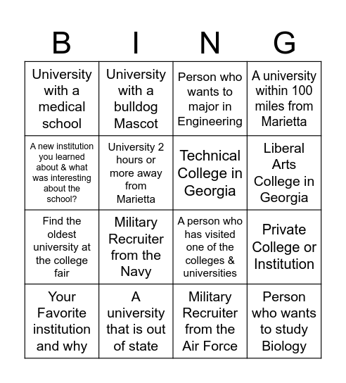 College Fair Bingo Card