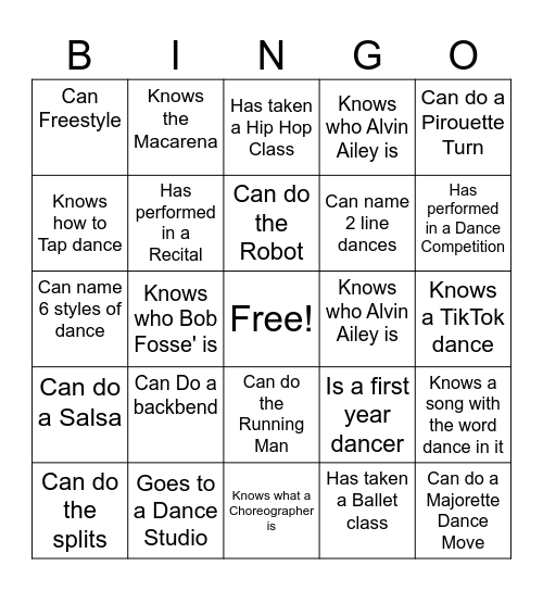 DANCE BINGO Card