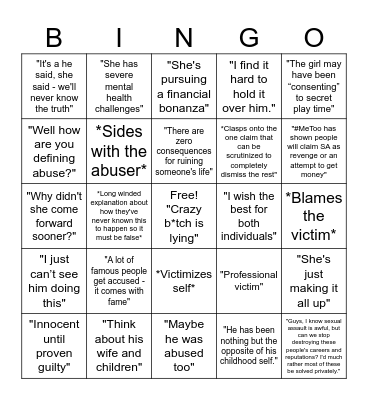 R*pe Apologist Bingo Card