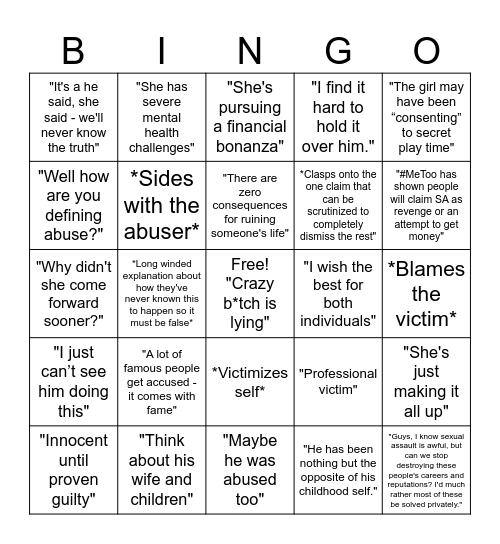 R*pe Apologist Bingo Card