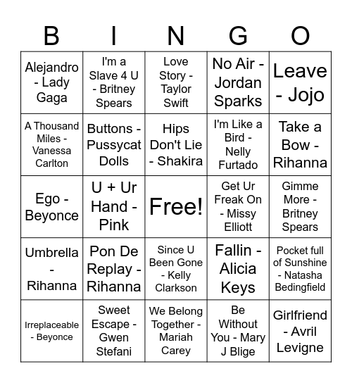 00s Pop Divas Bingo Card